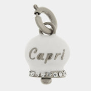 Ciondolo in Acciaio campanella bianca con scritta Capri e zirconi