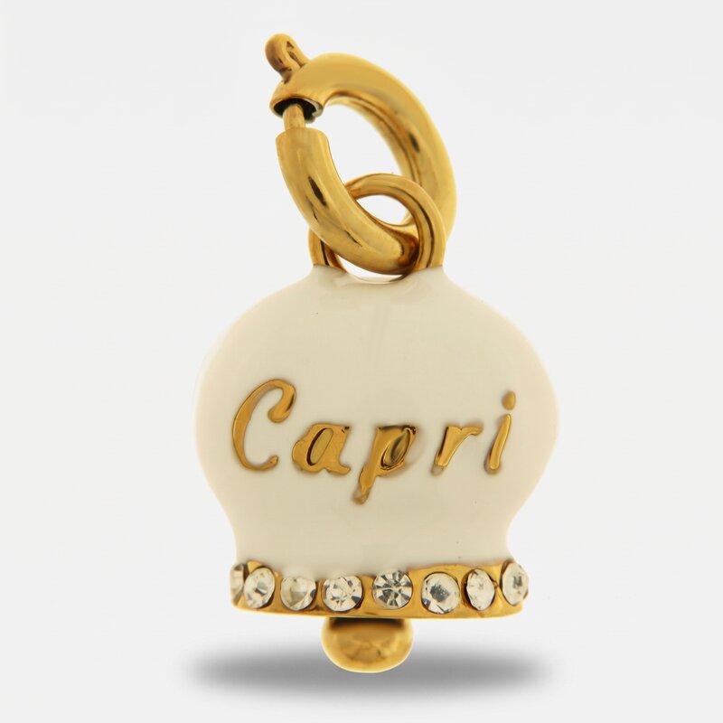 Ciondolo in Acciaio campanella bianca e oro con scritta capri e zirconi - BYSIMON gioielli
