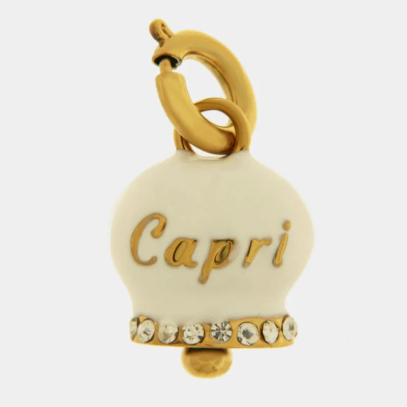 Ciondolo in Acciaio campanella bianca e oro con scritta capri e zirconi - BYSIMON gioielli