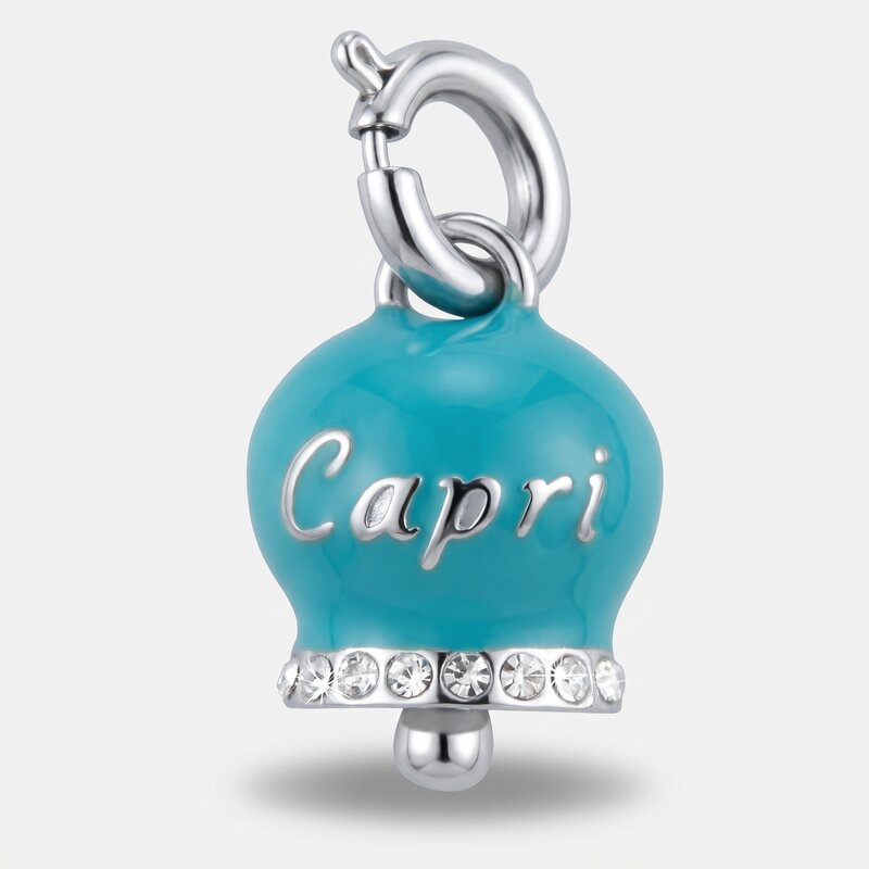 Ciondolo in Acciaio campanella azzurra con scritta Capri e zirconi | gioielli in acciaio | BYSIMON