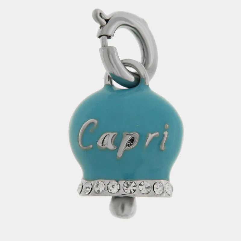 Ciondolo in Acciaio campanella azzurra con scritta Capri e zirconi - BYSIMON gioielli
