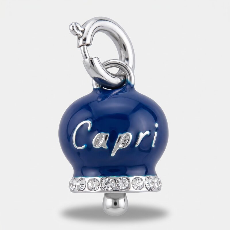 Ciondolo in Acciaio campanella blu con scritta Capri e zirconi - BYSIMON gioielli