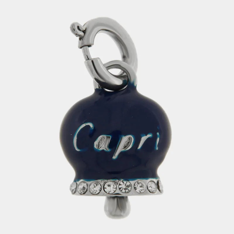 Ciondolo in Acciaio campanella blu con scritta Capri e zirconi