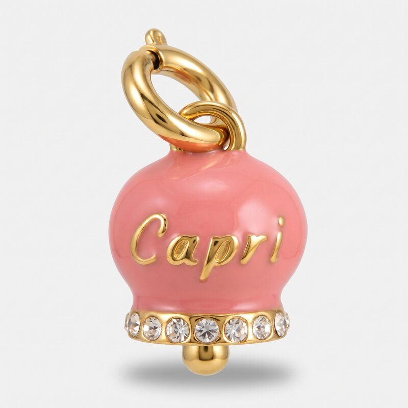 Ciondolo in Acciaio campanella rosa con scritta Capri e zirconi - BYSIMON gioielli