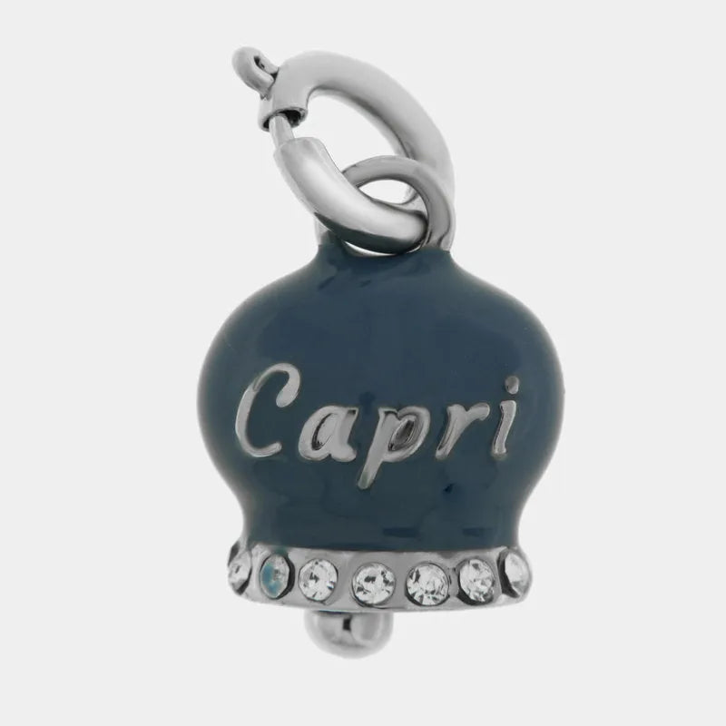 Ciondolo in Acciaio campanella blu cobalco con scritta Capri e zirconi - gioiello BySimon