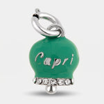 Ciondolo in Acciaio campanella verde acqua con scritta Capri e zirconi - BYSIMON gioielli