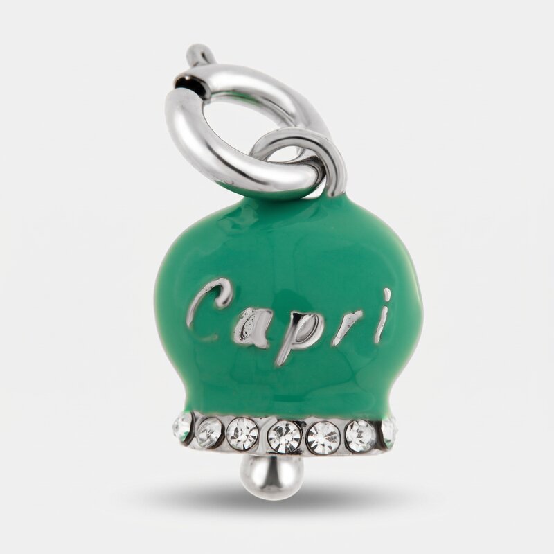 Ciondolo in Acciaio campanella verde acqua con scritta Capri e zirconi - BYSIMON gioielli