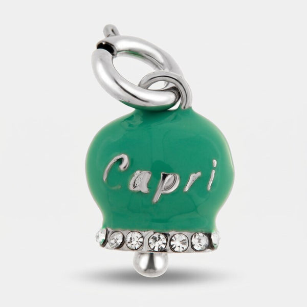 Ciondolo in Acciaio campanella verde acqua con scritta Capri e zirconi - BYSIMON gioielli