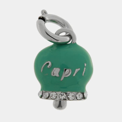 Ciondolo in Acciaio campanella verde acqua con scritta Capri e zirconi - BYSIMON gioielli