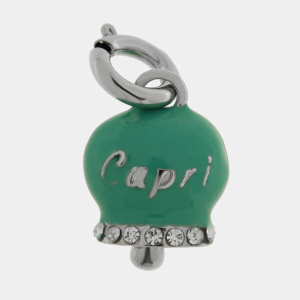 Ciondolo in Acciaio campanella verde acqua con scritta Capri e zirconi - BYSIMON gioielli