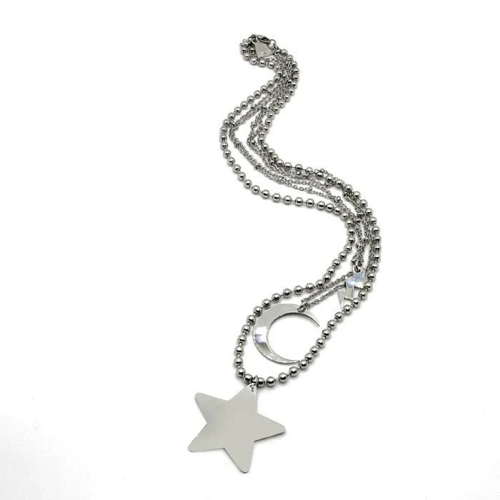 Collana in Acciaio a tre catene con ciondoli pendenti, fulmine, luna e stella lucidi