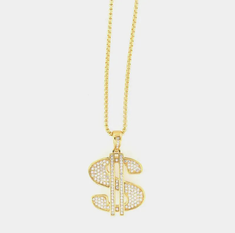 Collana in Acciaio con pendente simbolo del dollaro americano impreziosito da cristalli