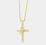 Collana in Acciaio con pendente religioso a forma di croce con serpente impreziosito da cristalli