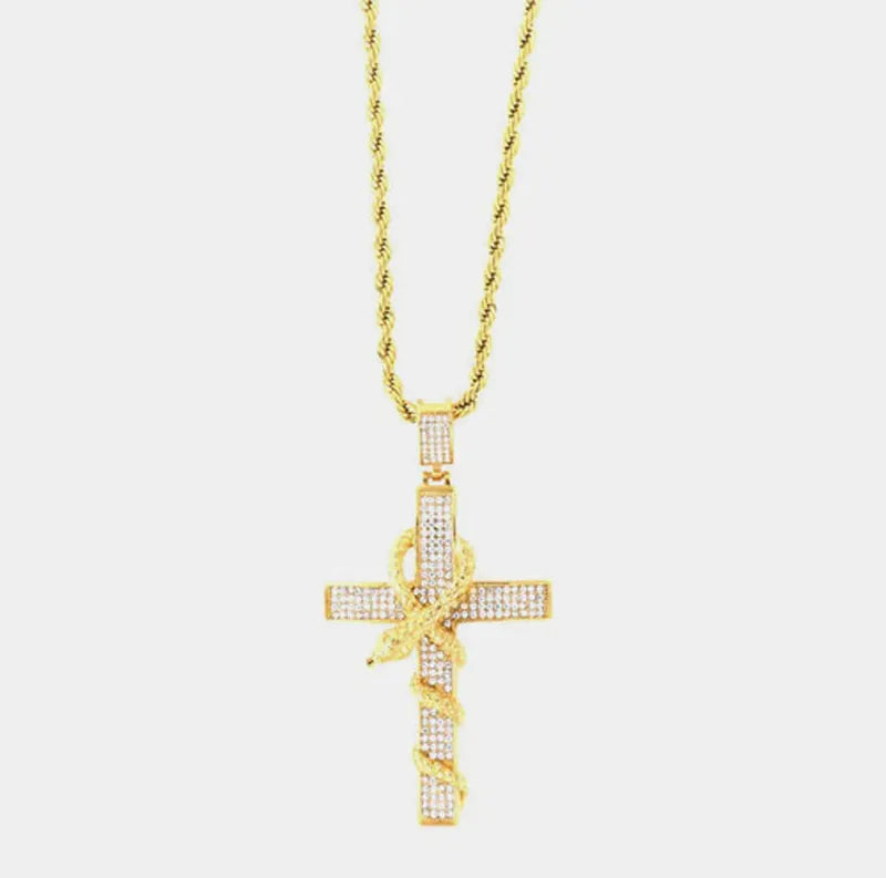 Collana in Acciaio con pendente religioso a forma di croce con serpente impreziosito da cristalli