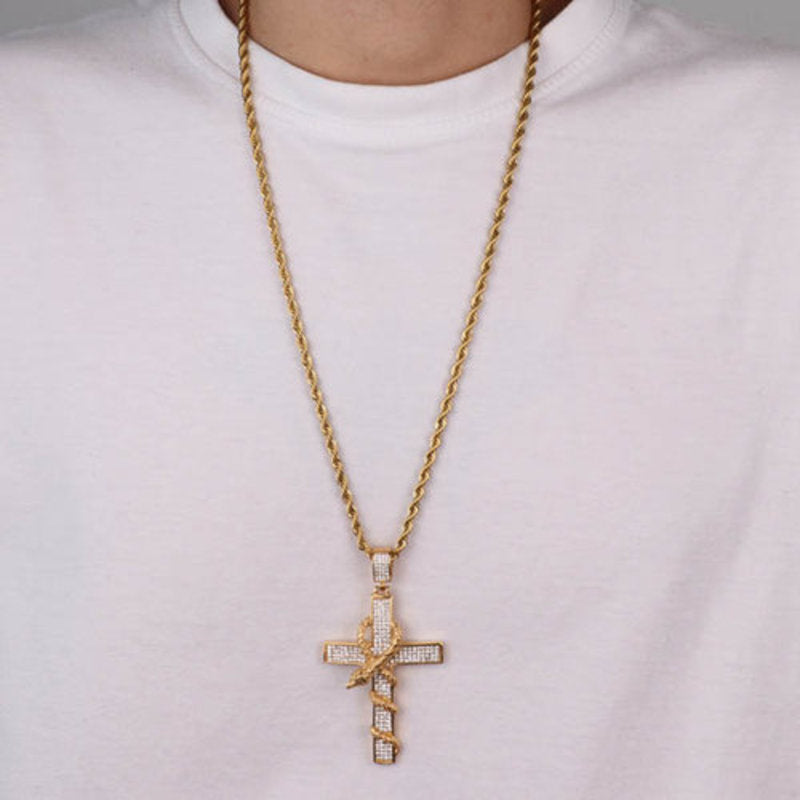 Collana in Acciaio con pendente religioso a forma di croce con serpente impreziosito da cristalli - BYSIMON gioielli