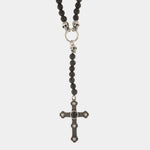 Collana in Acciaio sfere color lava nera con pendente a forma di croce e teschi - BYSIMON gioielli