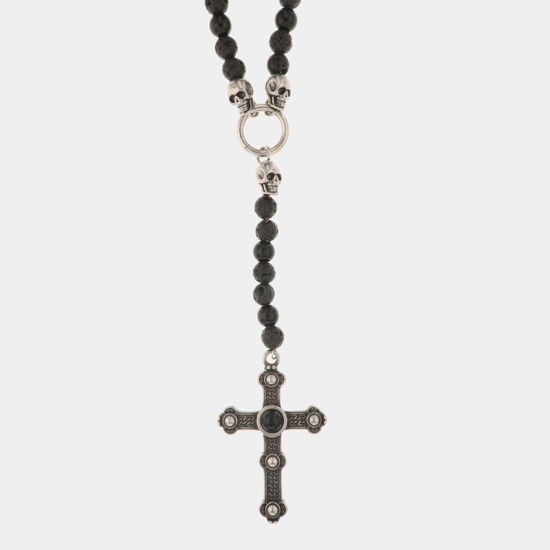 Collana in Acciaio sfere color lava nera con pendente a forma di croce e teschi - BYSIMON gioielli