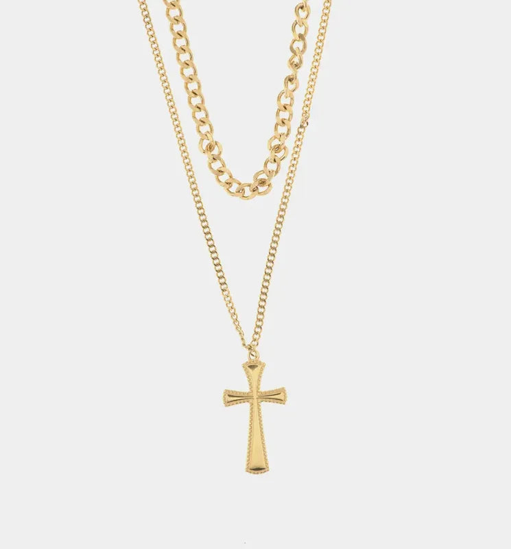 Collana in Acciaio con doppia catena impreziosita da pendente a forma di croce