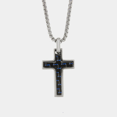 Collana in Acciaio con croce di colore nero e dettagli blu