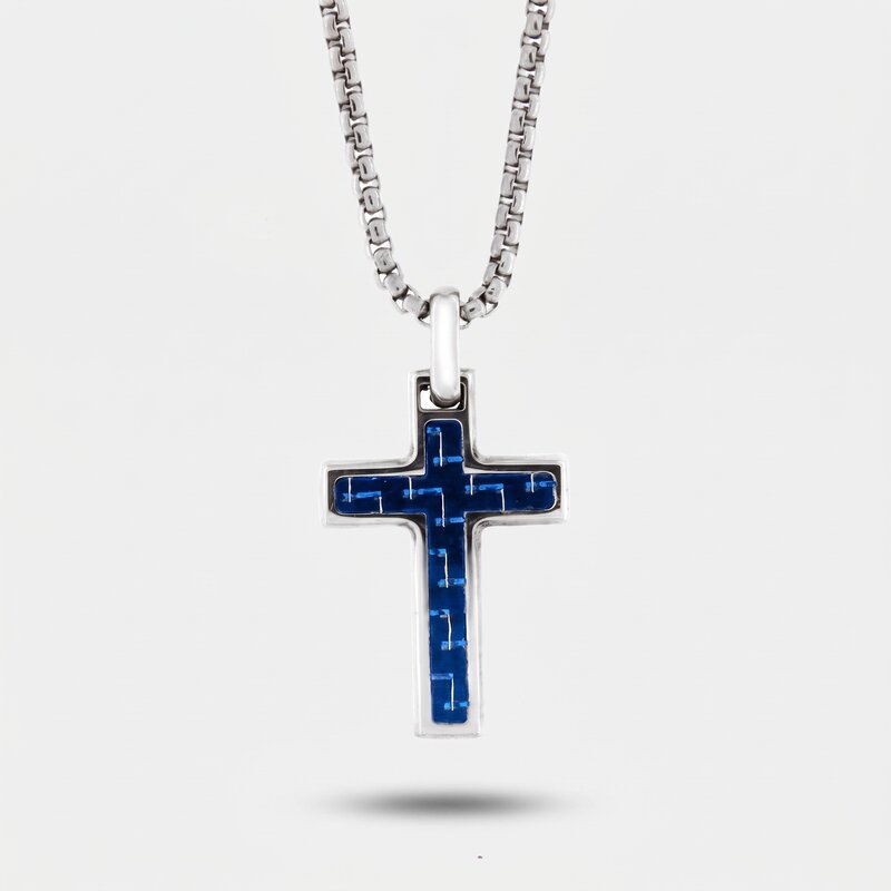 Collana in Acciaio con croce di colore nero e dettagli blu - BYSIMON gioielli
