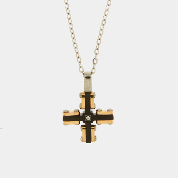 Collana in Acciaio con croce bicolore bianco/rosa - BYSIMON gioielli