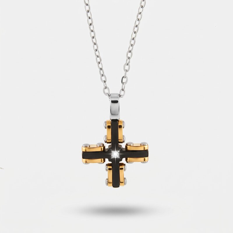 Collana in Acciaio con croce bicolore bianco/rosa - BYSIMON gioielli