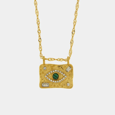 Steel necklace with plate embellished with green eye