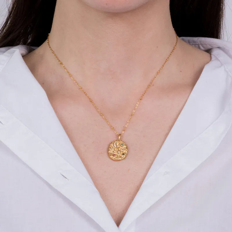 Steel Necklace with Plate and Colored Symbols