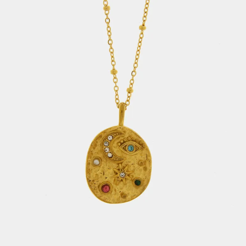 Steel Necklace with Plate and Colored Symbols