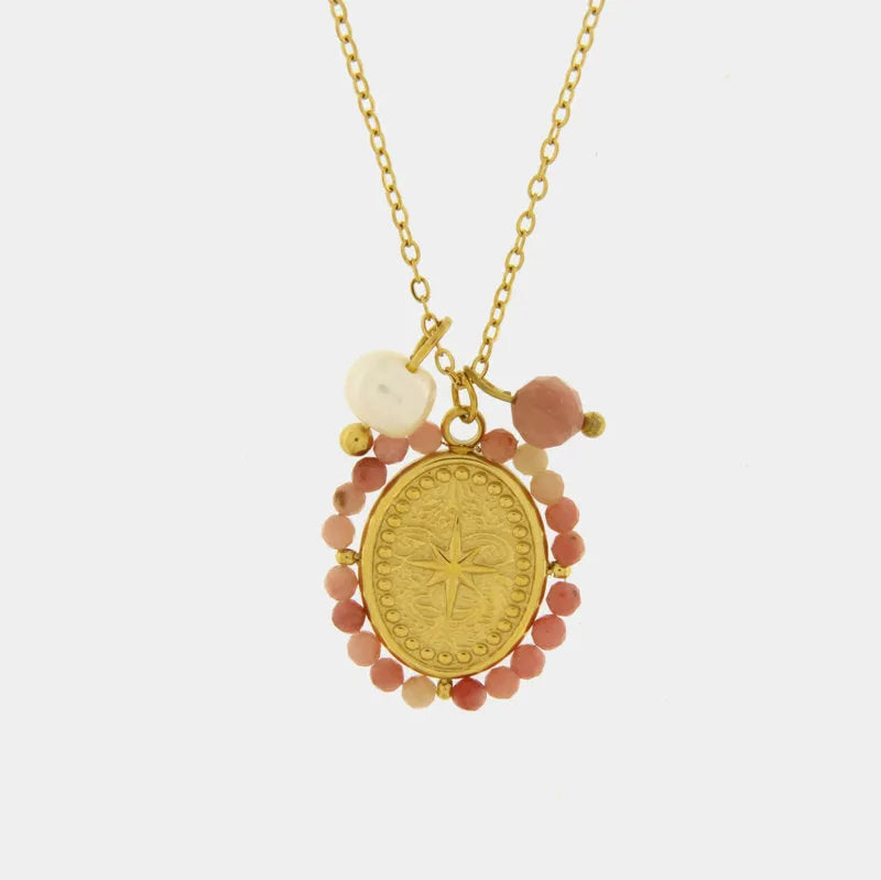 Collana in Acciaio con pendente ovale e perline rosa