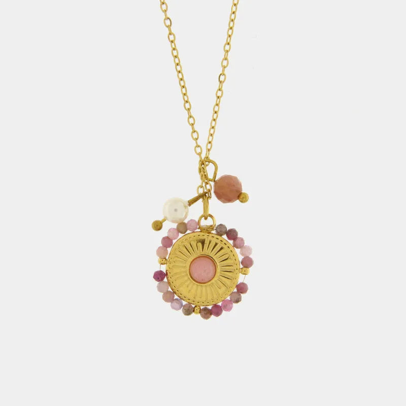 Collana in Acciaio con pendente rotondo e perline rosa