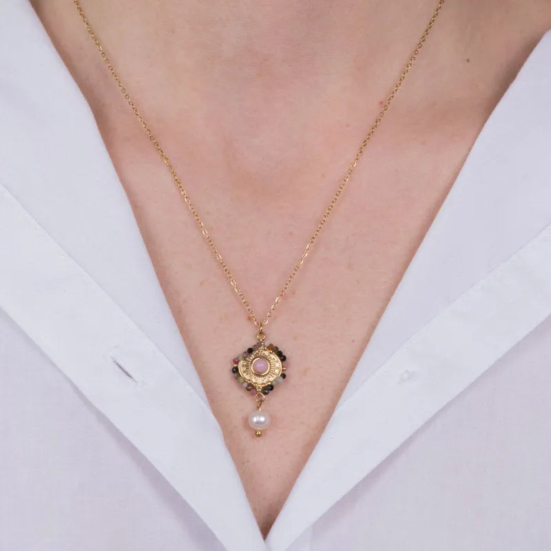 Collana in Acciaio con pendente rotondo e perline colorate