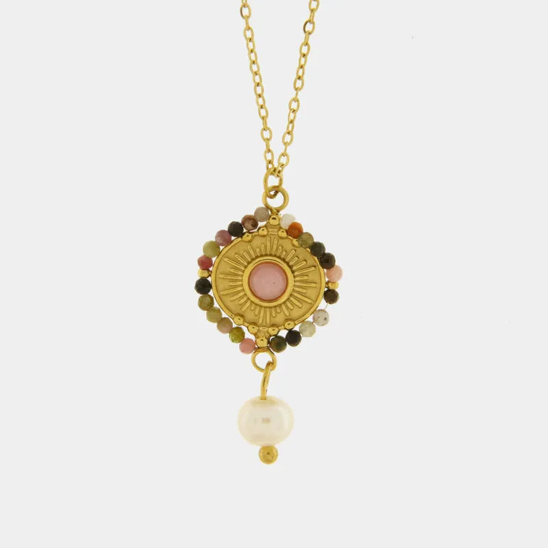 Collana in Acciaio con pendente rotondo e perline colorate