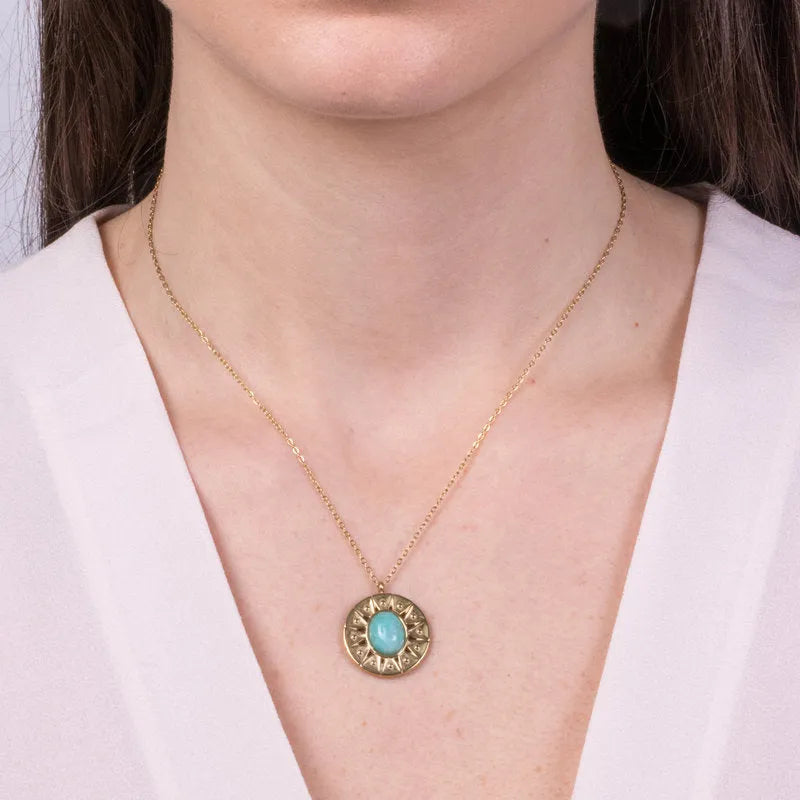 Collana in Acciaio con pendente tondo e pietra centrale turchese - BYSIMON gioielli