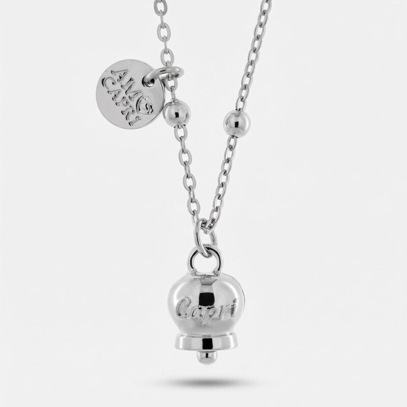 Collana in Acciaio con campanella pendente   con scritta Capri - BYSIMON gioielli