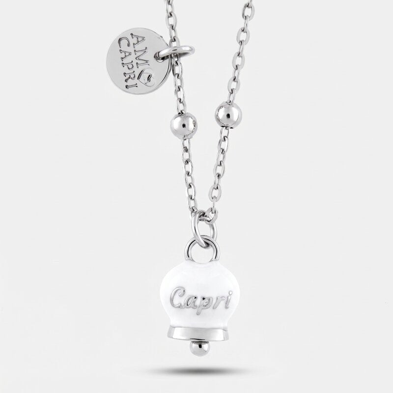 Collana in Acciaio con campanella pendente bianca con scritta Capri | gioielli in acciaio | BYSIMON