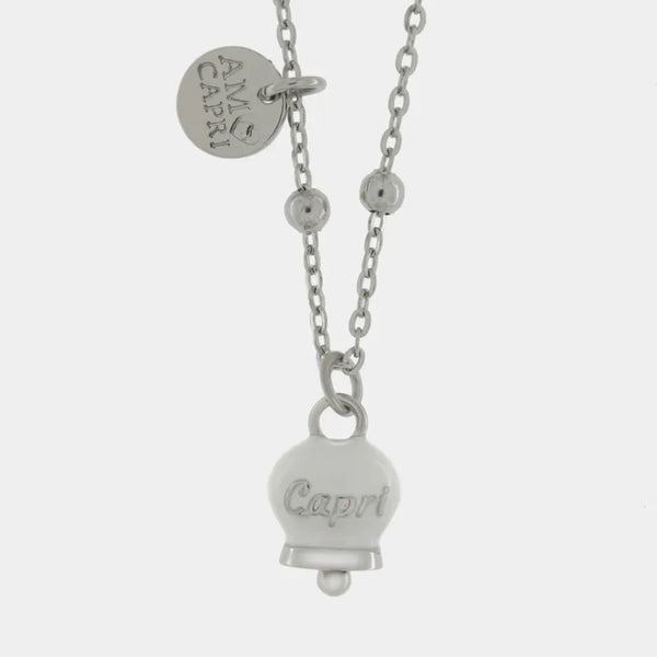 Collana in Acciaio con campanella pendente bianca con scritta Capri | gioielli in acciaio | BYSIMON