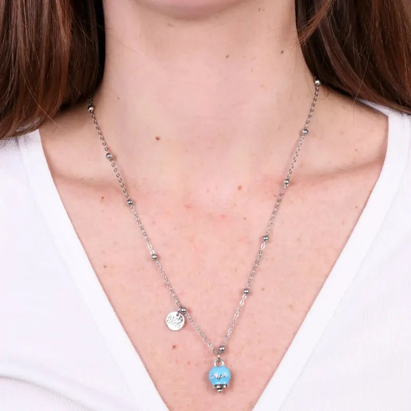 Collana in Acciaio con campanella pendente azzurra con scritta Capri - BYSIMON gioielli