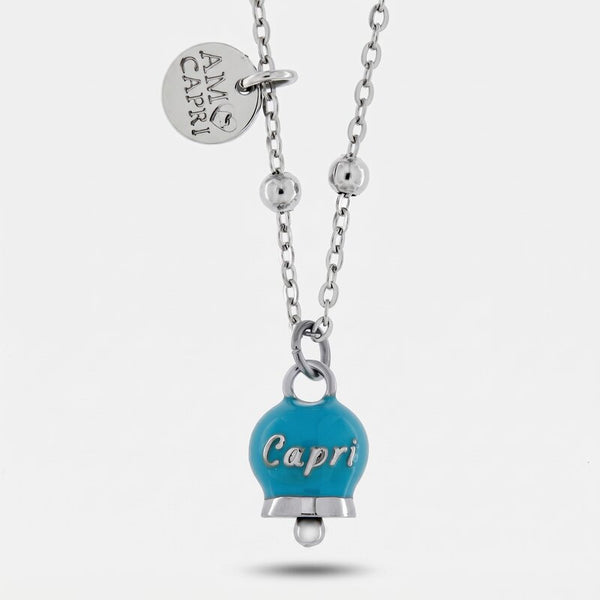 Collana in Acciaio con campanella pendente azzurra con scritta Capri - BYSIMON gioielli