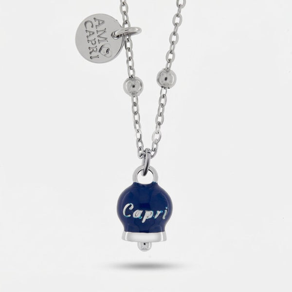 Collana in Acciaio con campanella pendente blu  con scritta Capri - BYSIMON gioielli