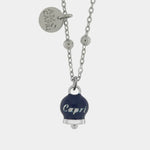 Collana in Acciaio con campanella pendente blu  con scritta Capri - BYSIMON gioielli