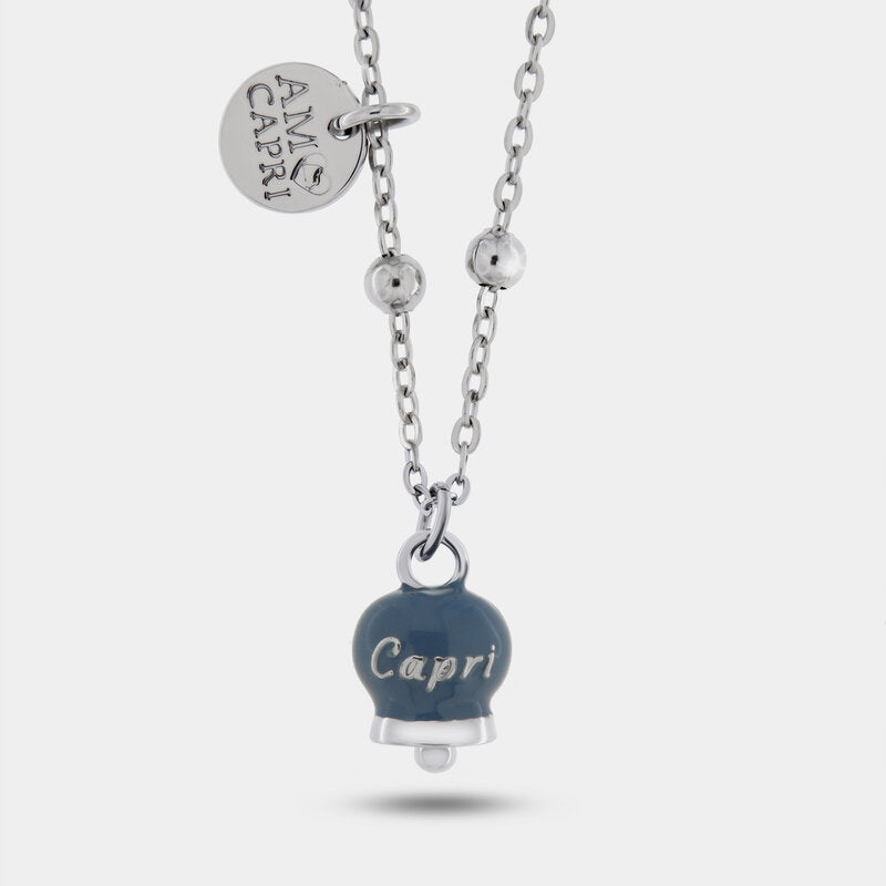Collana in Acciaio con campanella pendente blu cobalto con scritta Capri - BYSIMON gioielli
