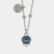 Collana in Acciaio con campanella pendente blu cobalto con scritta Capri