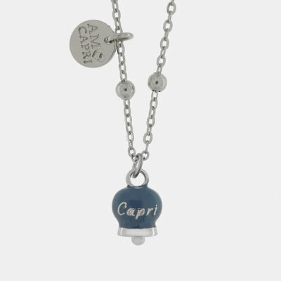 Collana in Acciaio con campanella pendente blu cobalto con scritta Capri - BYSIMON gioielli