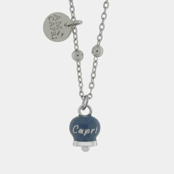 Collana in Acciaio con campanella pendente blu cobalto con scritta Capri - BYSIMON gioielli