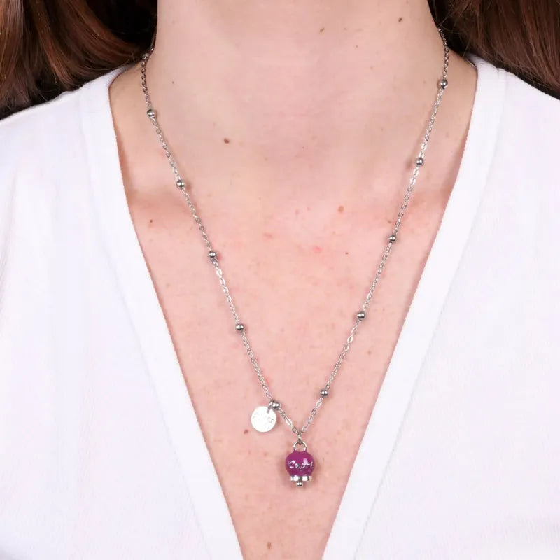 Collana in Acciaio con campanella pendente borgogna   con scritta Capri - BYSIMON gioielli