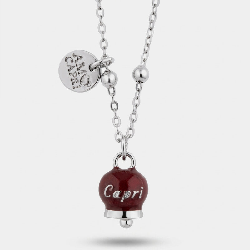 Collana in Acciaio con campanella pendente borgogna   con scritta Capri - BYSIMON gioielli
