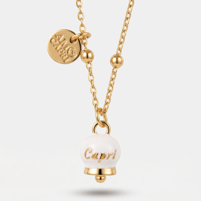 Collana in Acciaio con campanella pendente bianca e oro con scritta Capri - BYSIMON gioielli