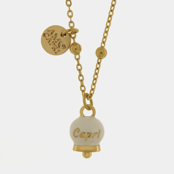 Collana in Acciaio con campanella pendente bianca e oro con scritta Capri - BYSIMON gioielli