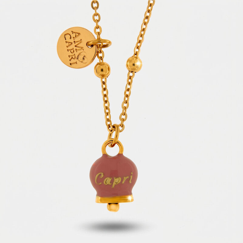 Collana in Acciaio con campanella pendente  rosa con scritta Capri - BYSIMON gioielli